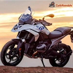 White BMW 1300 GS with blurred sunset background